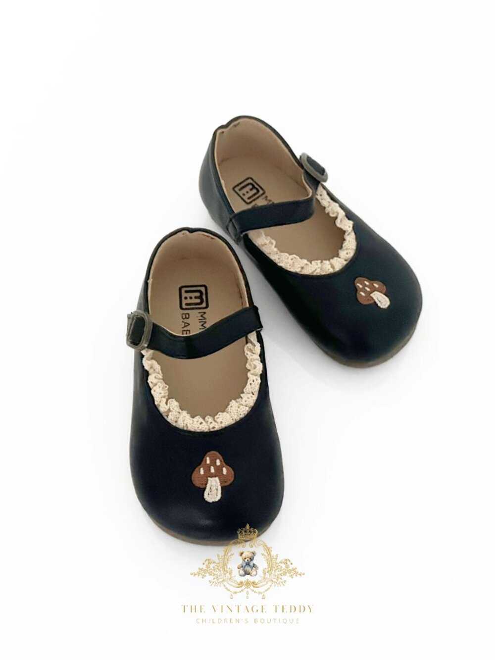 NWT Pretty Girls Embroidered Mary Jane Flats Children's Shoes Mushroom Black 8.5 - Picture 3 of 3